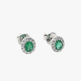 18K White Gold Emerald and Diamond Halo Earrings