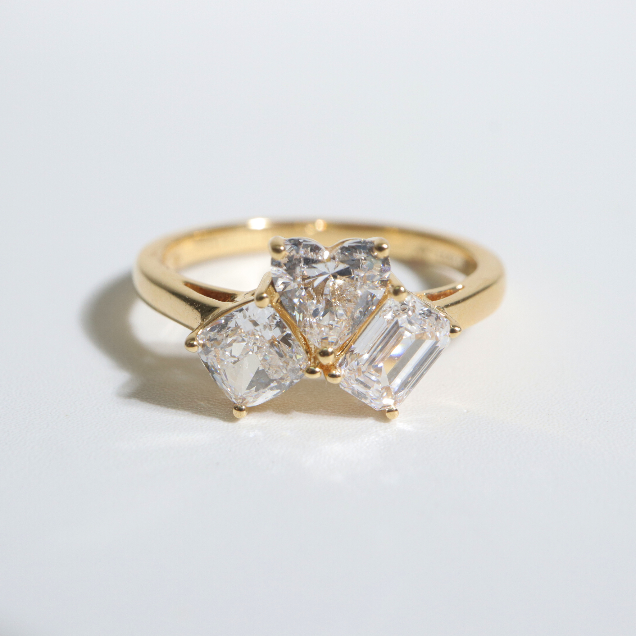 Juliette | 18K Yellow Gold Cushion, Heart and Emerald Lab Diamond Trilogy Ring - The Classic Jewellers