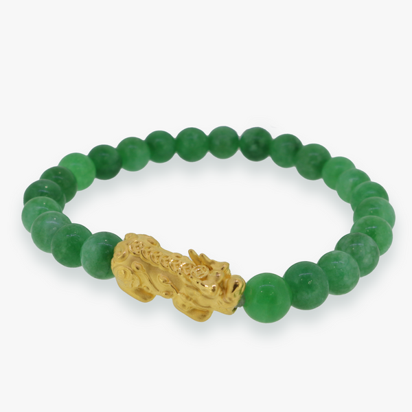 24K Yellow Gold Pixiu | Green Jade Bracelet